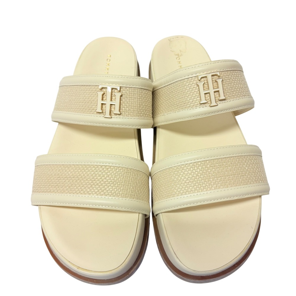 Tommy Hilfiger Slide Sandals Womens 10 Cream Raffia Gold Monogram Platform